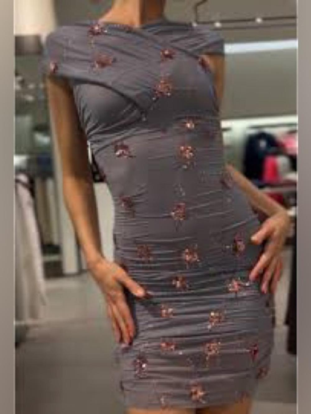 Zara Gray One-Shoulder Ruched Dress with Rose-Gold Embellishments